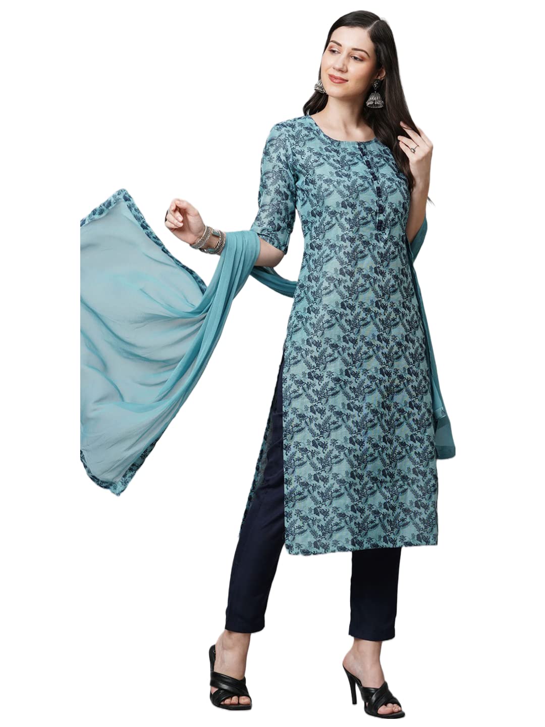 Gosriki Women'S Banarasi Silk Straight Printed Kurta With Pant & Dupatta (Banarsi-Blue-Nw-Gs_M_Blue_Medium)