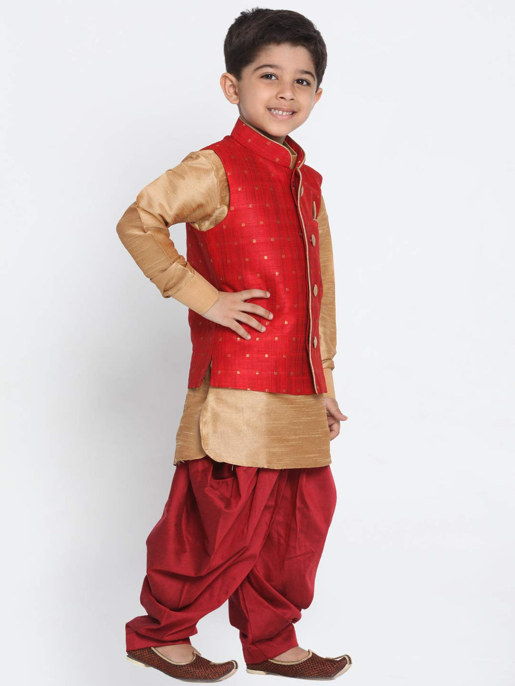 Vastramay Banarasi Brocade Woven Jacquard Nehru/Modi Jacket With Silk Pathani Kurta & Dhoti Pant Set  Traditional Ethnic Wear Fo