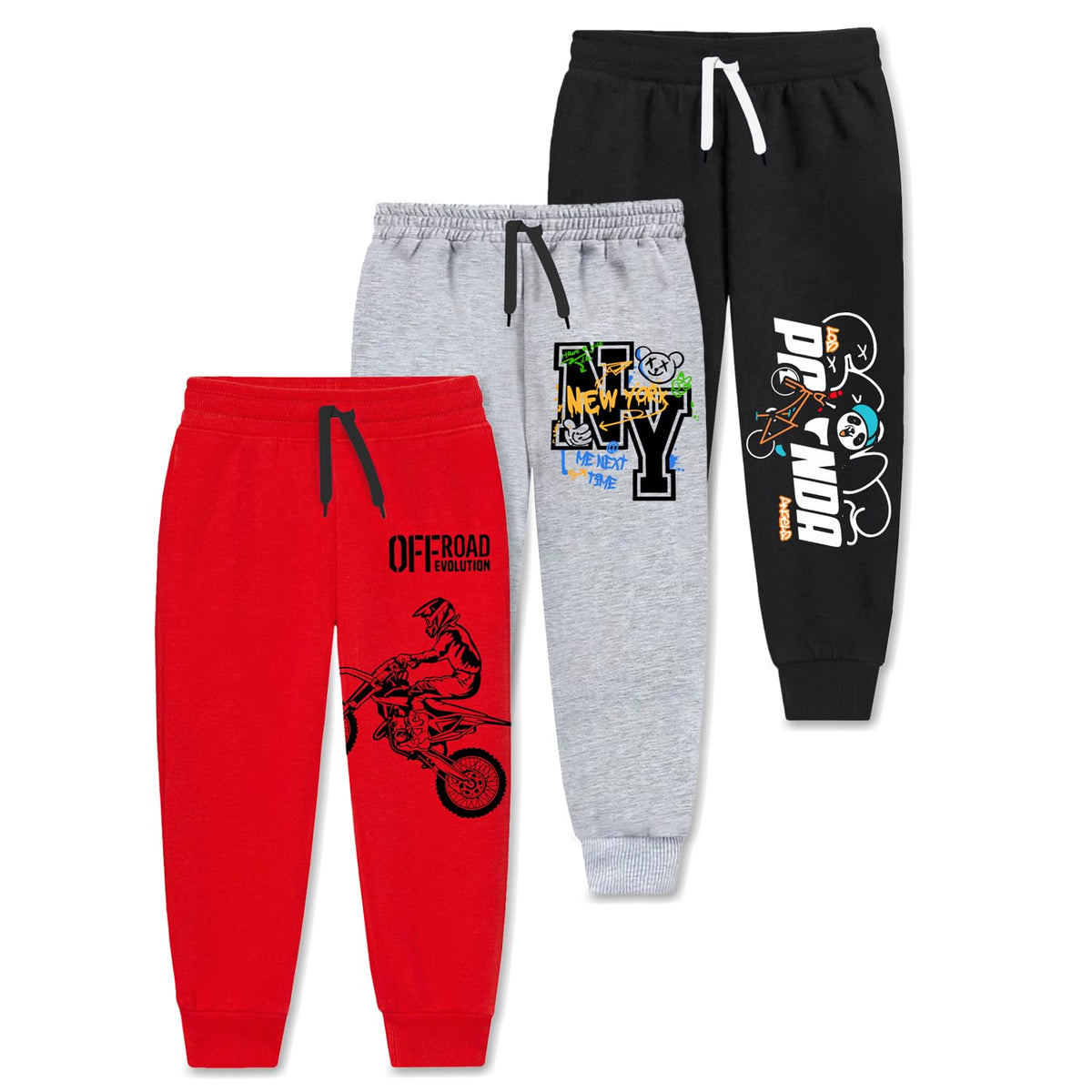 Trampoline Cotton Trackpants For Kids Pack Of 3 With Drawstrings & Ribbed Cuffs | Boys & Girls Joggers With Prints | Side Pocket 13-14
