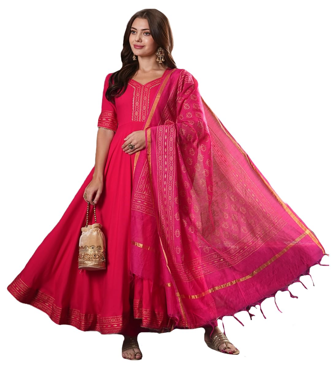 ANNI DESIGNER Women s Printed Rayon Blend Kurta with Pants and Dupatta, Pink, 2XL