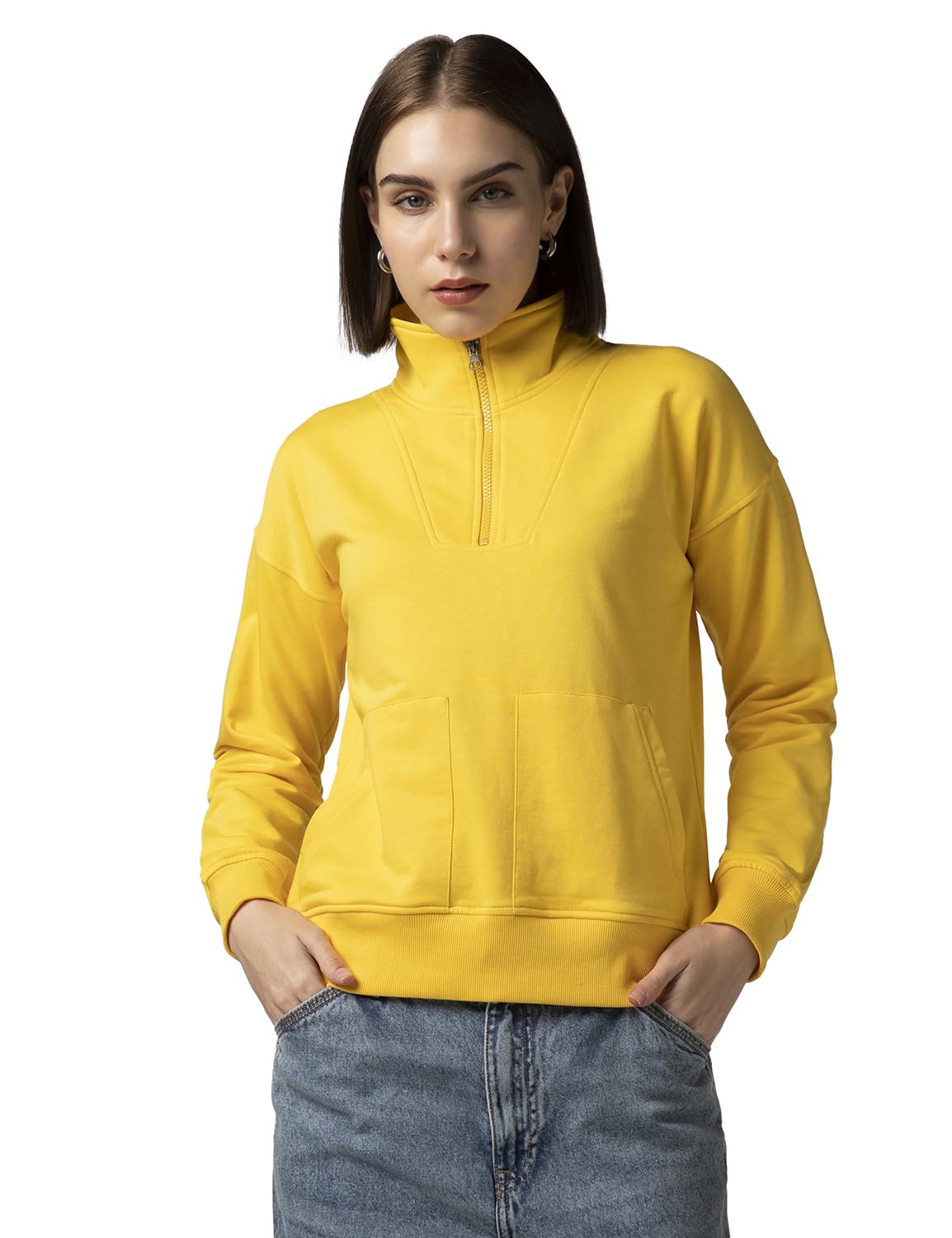 FYLTR Womens Casual Stand Collar Jacket with Drop Shoulder & Boxy Fit - Half Zipper | Utility Pockets | Rib Hem & Cuff Mellow Y