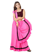 Dhyey Fashion Fashionable Baby Girls Lycra Blend Saree With Velvet Unstitched Blouse Piece | Readymade Saree For Girls | Sarees 