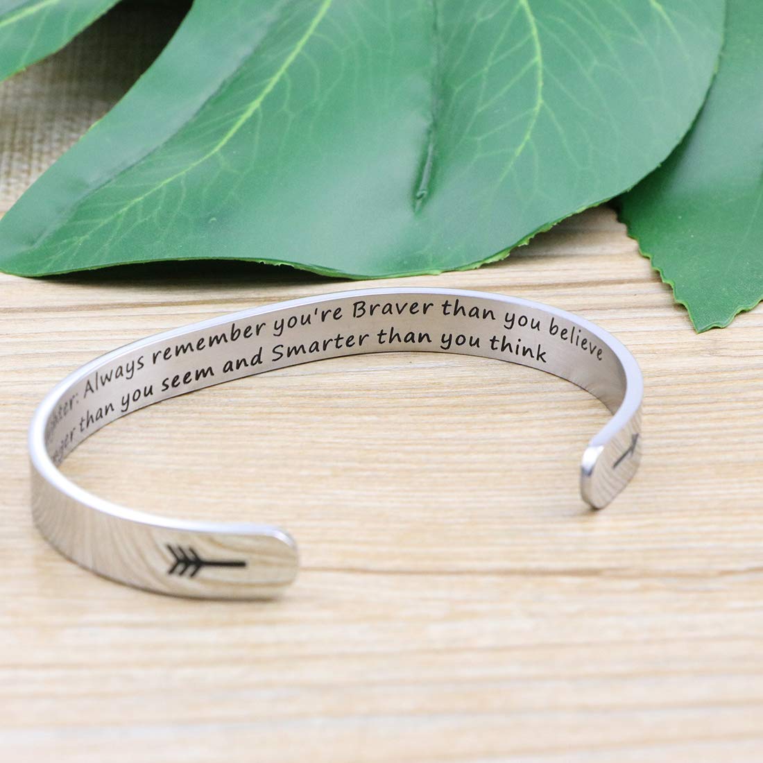 Daughter Mother Bracelets Wide Cuff Bangle Message Engraved Christmas Gifts for Her (To my daughter, Always remember you're brav