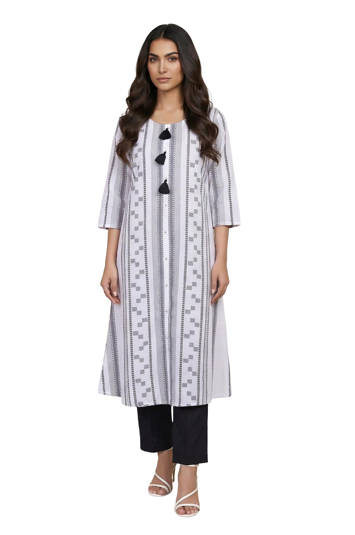 Aurelia WomenS White Geometric Printed Woven Design Tassels Pure Cotton Straight Kurta - (A16341-705926-Xs)