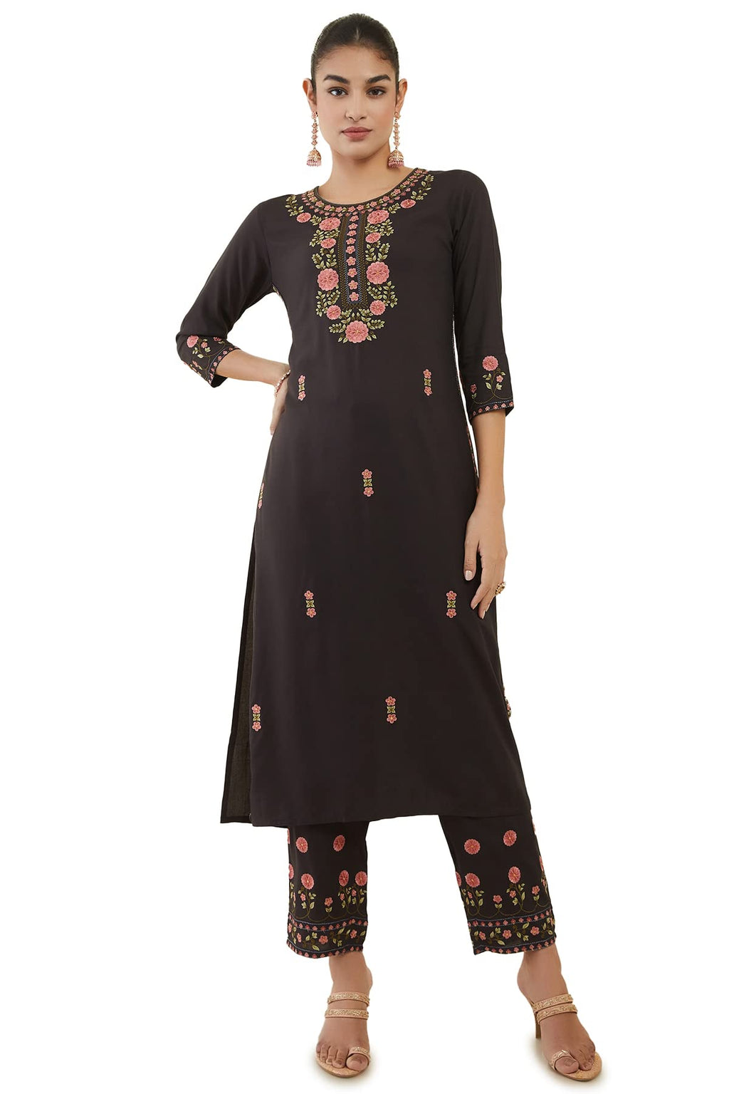 Soch Womens Charcoal Rayon Floral Embroidered Kurta Set - Xl