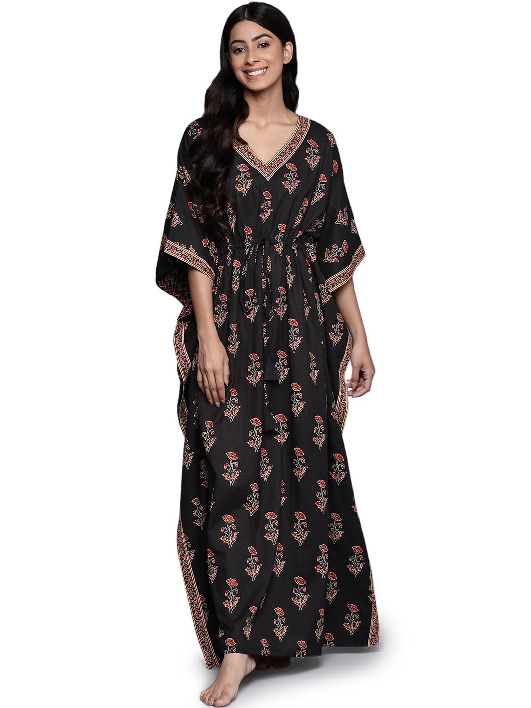 Libas Womens Black Printed Cotton Night Maxi Dress