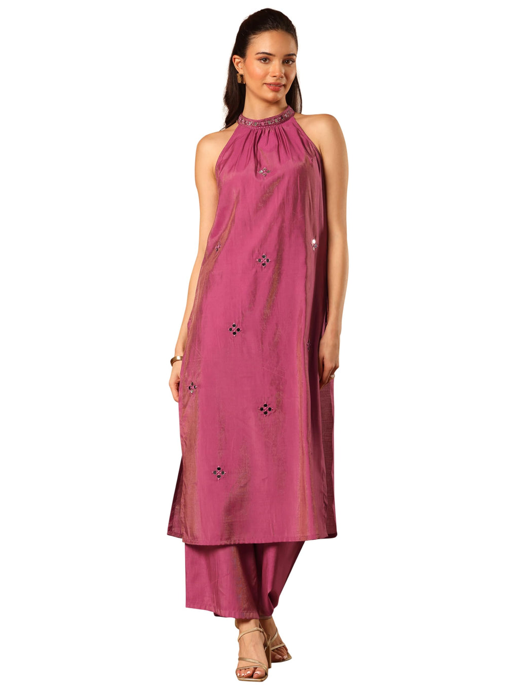 Libas Womens Embellished Silk Blend Straight Kurta With Palazzos