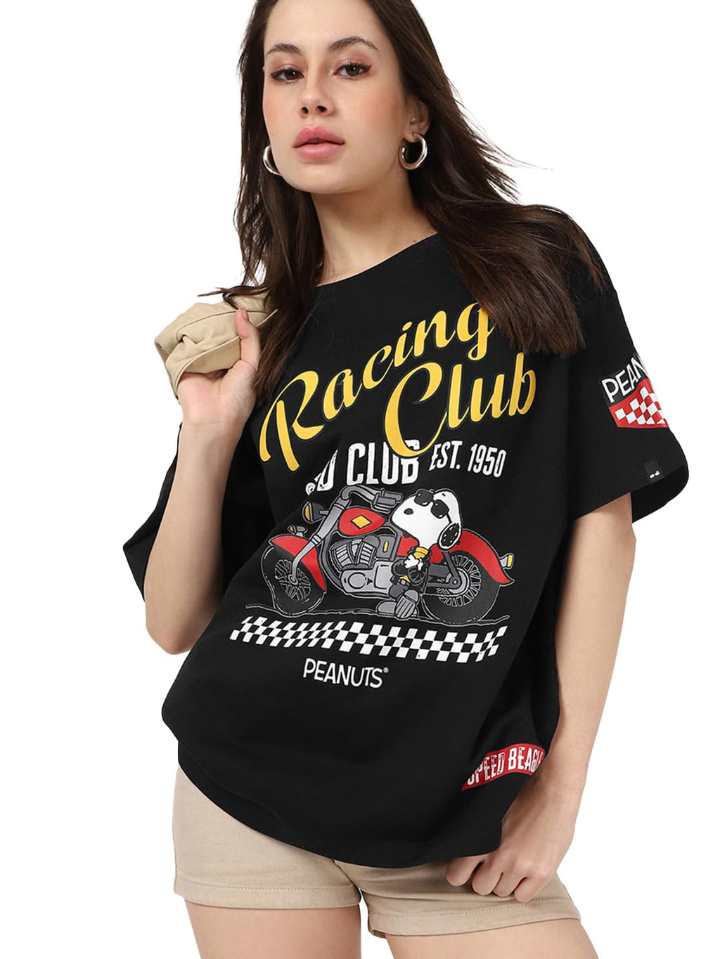Bewakoof Heavy Duty 1.0 Official Peanuts Merchandise Womens Graphic Print Oversized Fit Half Sleeve Round Neck Pure Cotton T-Sh