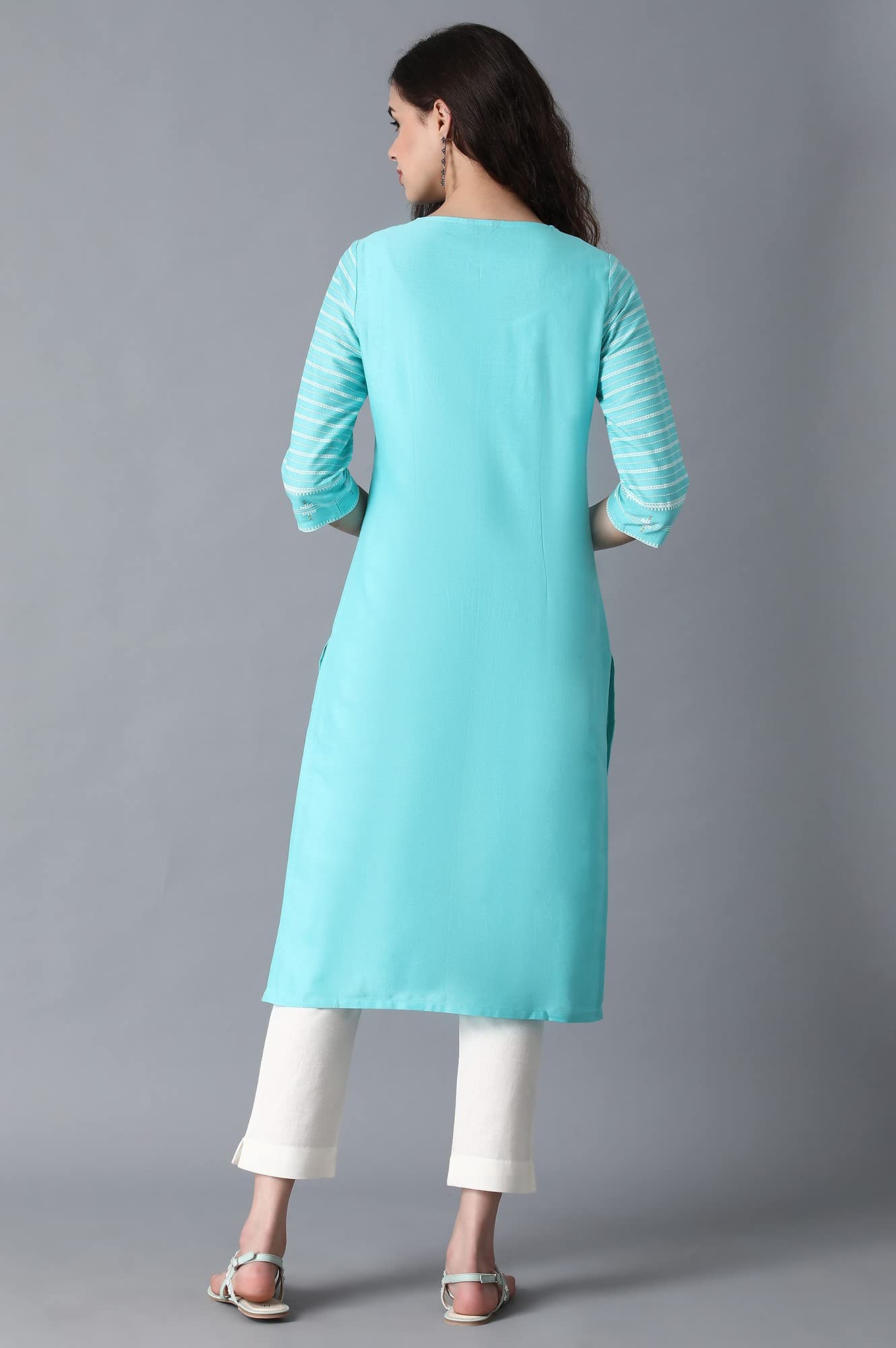 W For Woman Dark Green Vertical Striped Cotton Blend Regular Embroidered Kurta