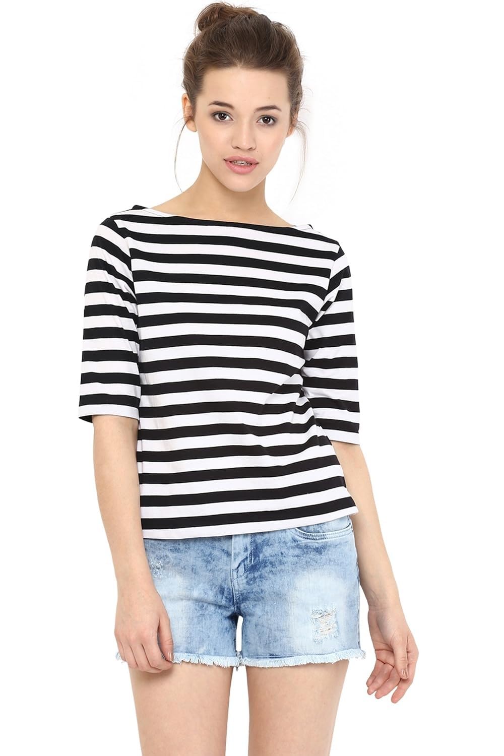 Miss Chase WomenS Multicolored Boat Neck Half Sleeves Solid Regular Striped Top (Mcss16Tp06-73-98-06, Black And White, X-Large)