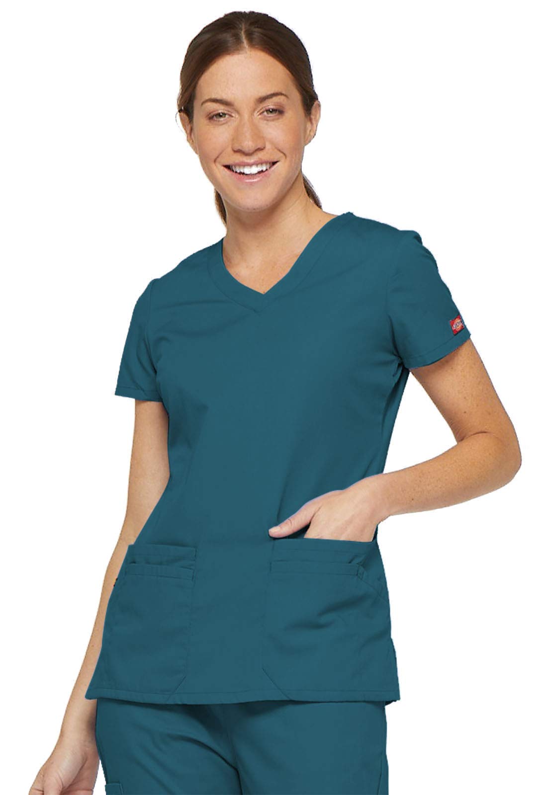 Dickies womens Signature V-neck Top With Multiple Patch Pockets medical scrubs shirts, Caribbean Blue, XX-Small US
