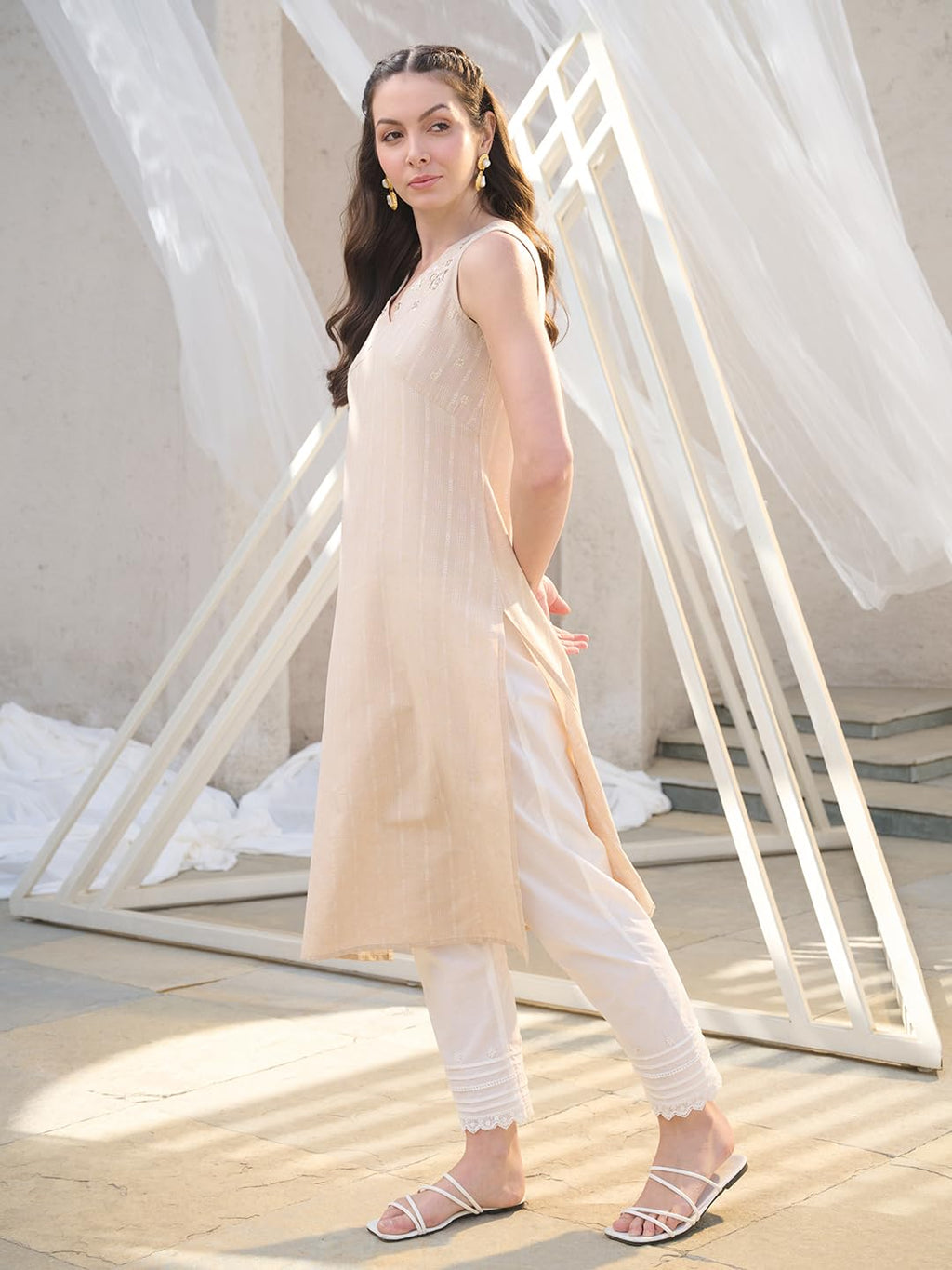 Stylum Women'S Solid & Embroidered Cotton Blend Straight Kurta (Beigenimo_Beige)