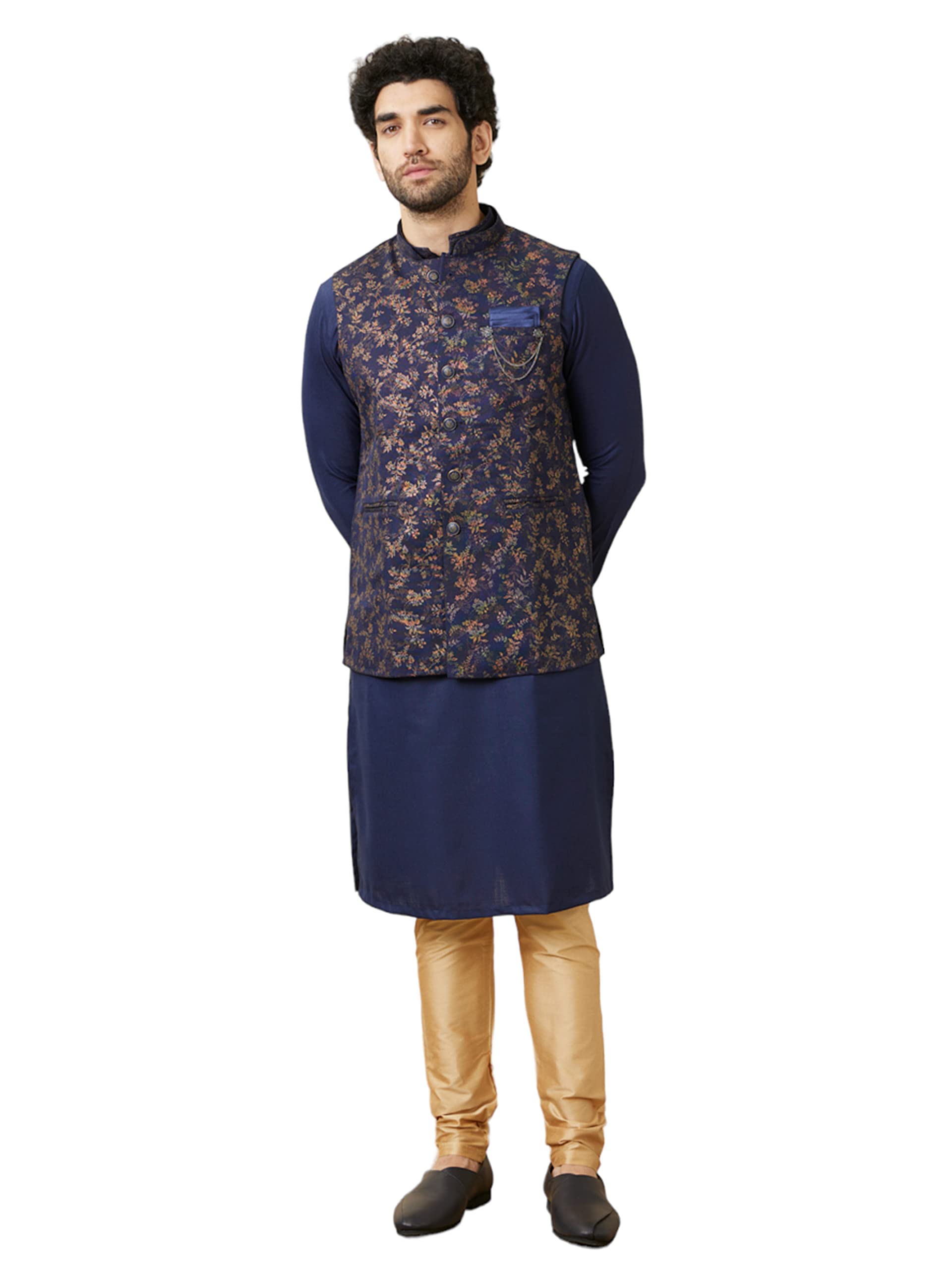 Manyavar Mens Blended Viscose Self Design Full Sleeves Mandarin Collar Traditional Jacket Set (Blue,XL)