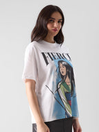 The Souled Store Mulan: Fierce Womens Oversized Fit Graphic Printed Half Sleeve Cotton White Women Oversized T-Shirts Women Over