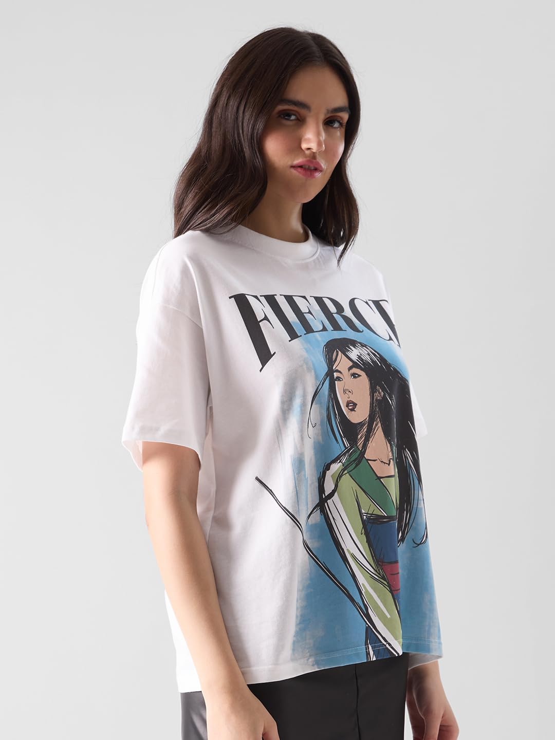 The Souled Store Mulan: Fierce Womens Oversized Fit Graphic Printed Half Sleeve Cotton White Women Oversized T-Shirts Women Over