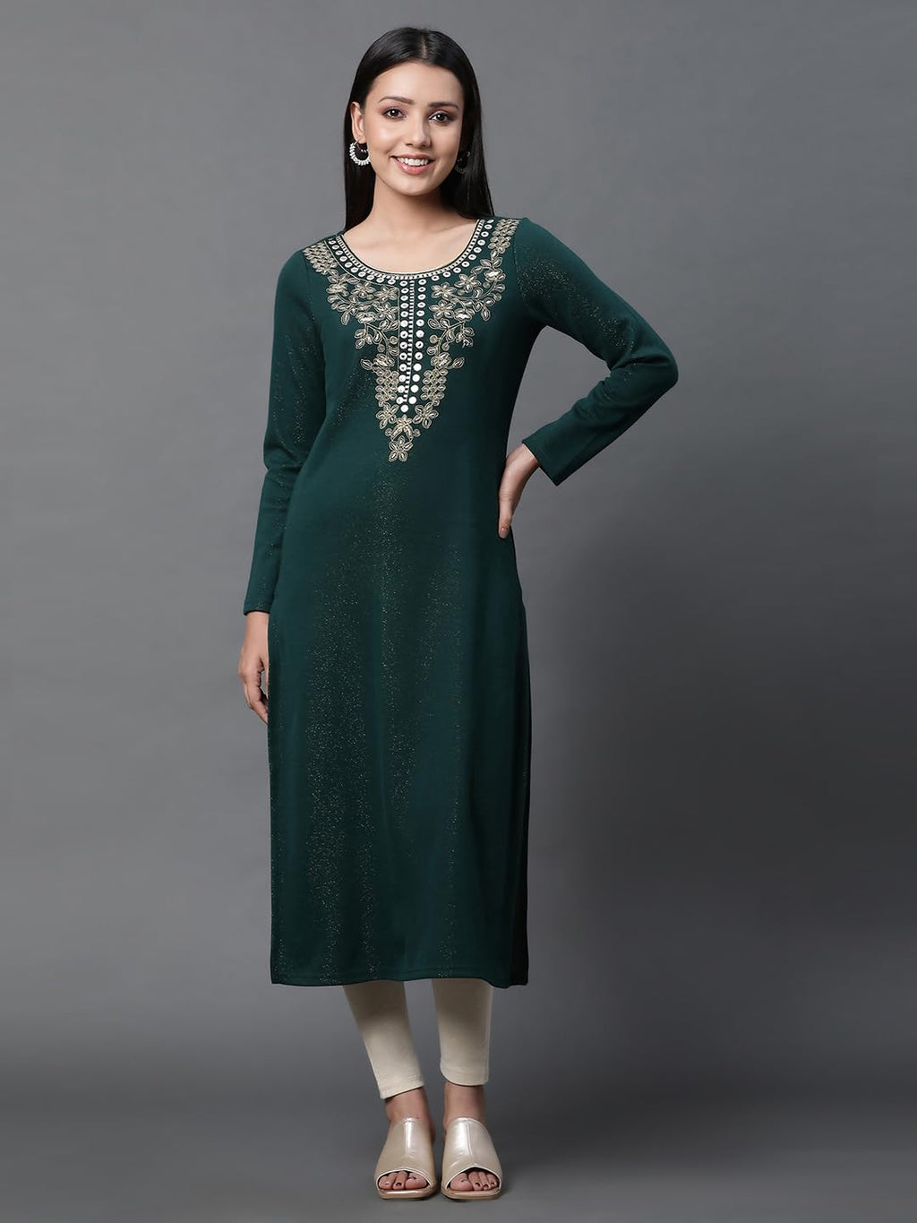 Aurelia Green Embroidered Winter Kurta And Tights Set