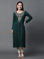 Aurelia Green Embroidered Winter Kurta And Tights Set
