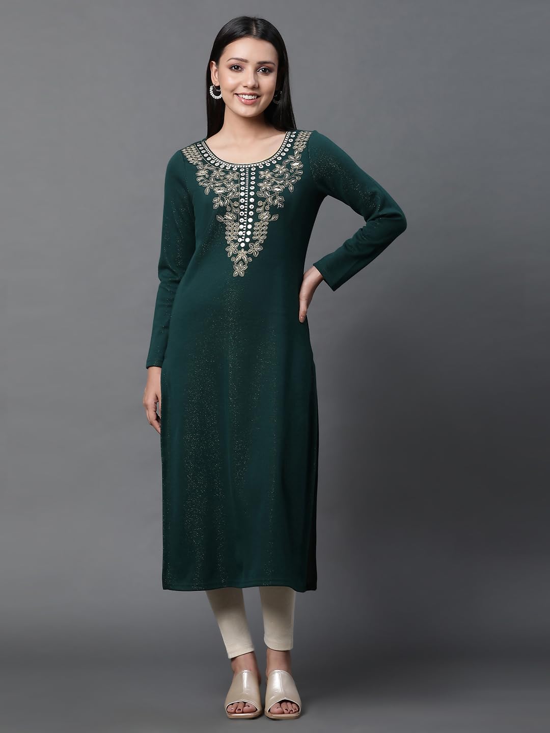 Aurelia Green Embroidered Winter Kurta And Tights Set