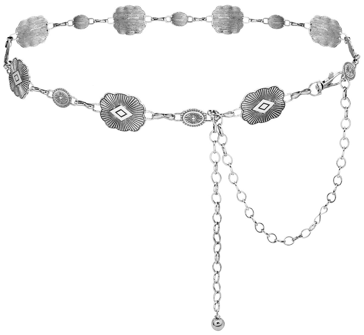 Hiquacc Western Metal Concho Chain Belt For Women Boho Chain Belt Cowgirl Waist Belt For Dresses Jeans, Square Silver, Xl: 59 In 59-150