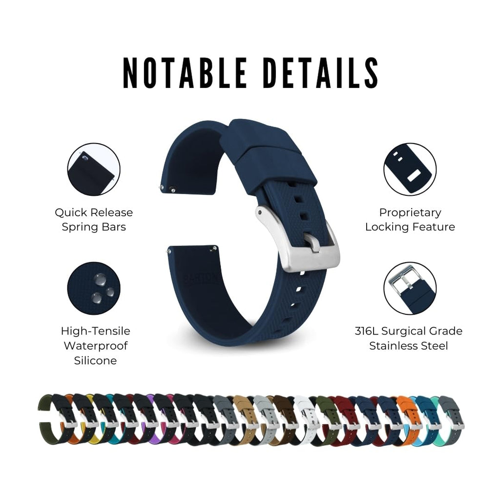 Barton Elite Silicone Watch Band (22mm) | Quick Release Premium Silicone Strap with Stainless Steel Buckle | Compatible with Cla