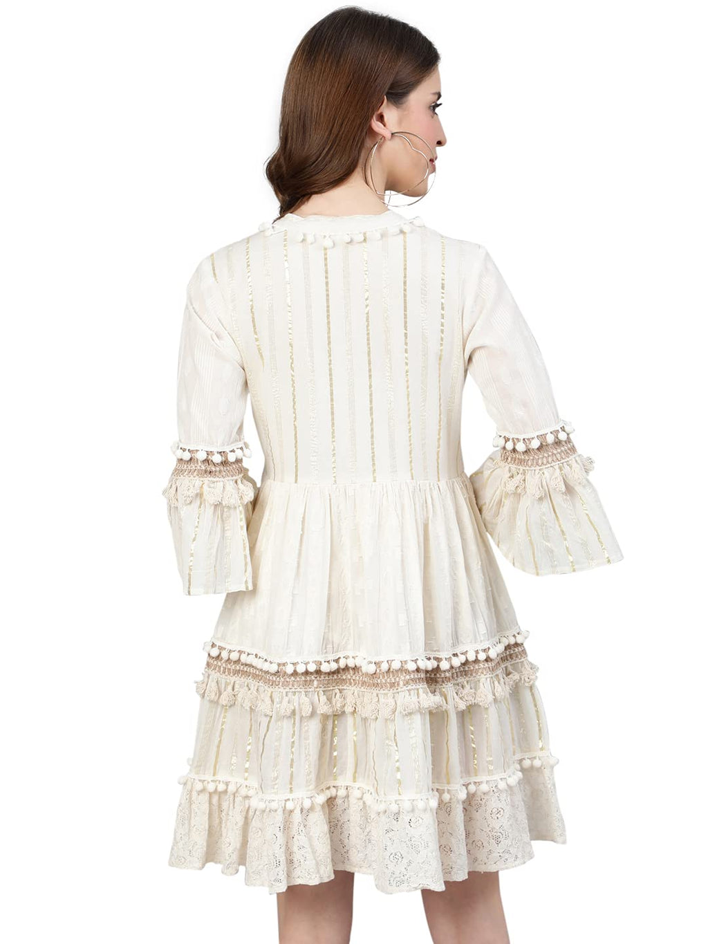 Ishin WomenS Off White Pure Cotton Zari Embroidered A-Line Dress