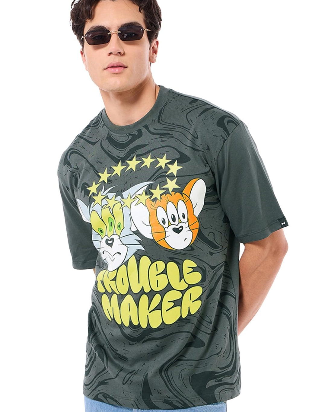 Bewakoof Official Tom & Jerry Merchandise Mens Graphic Printed Oversized Fit Half Sleeve Round Neck Cotton Jersey T-Shirt_63725