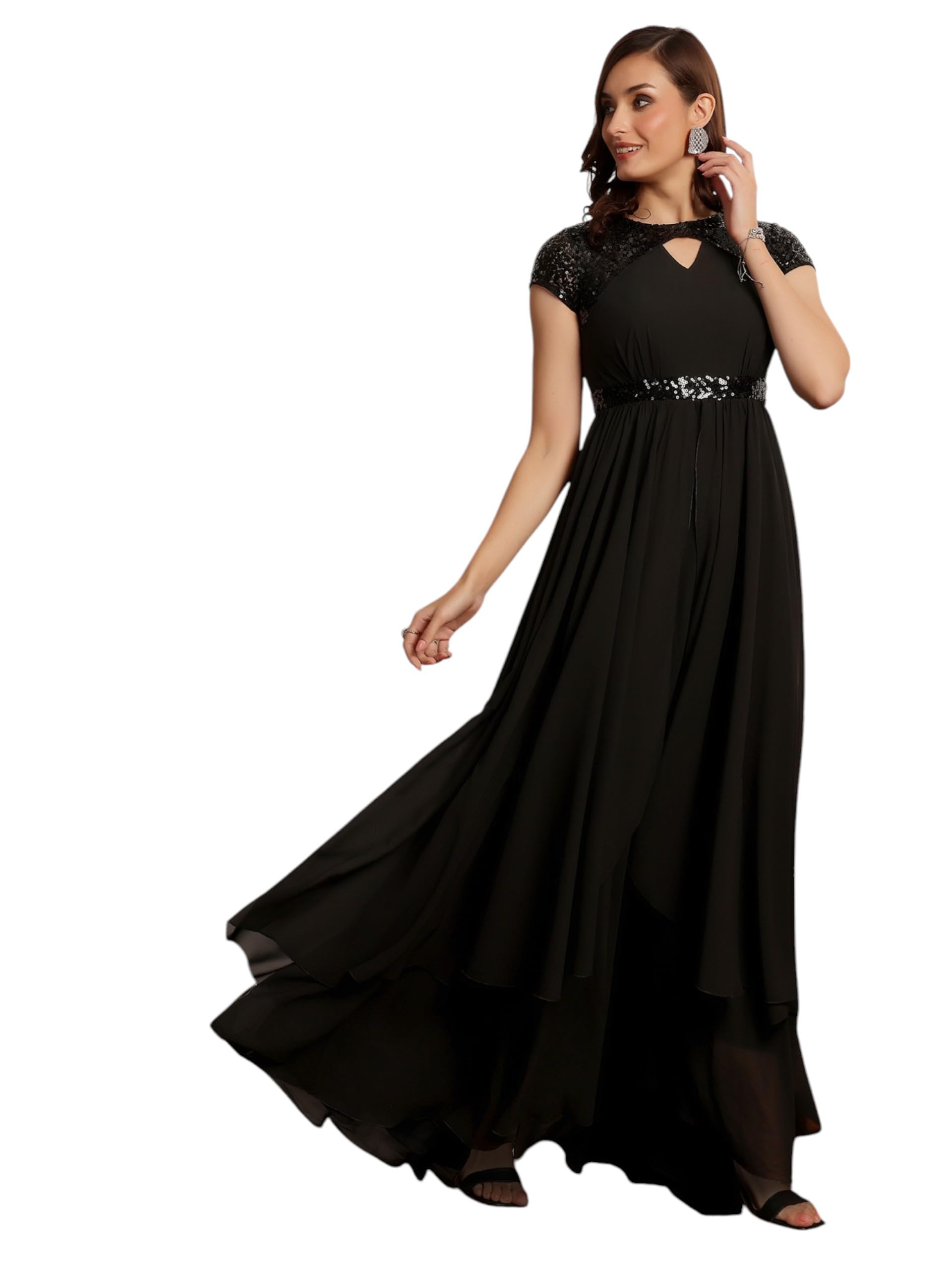 Miss Chase WomenS Keyhole Neck Embellished Layered Maxi Dress (Mcss23D06-67-62-06, Black, Xl)