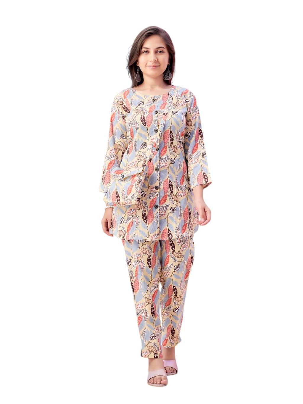 Aarika Girls Casual Wear Beige Colour Leaf Print Polyester Co-ord Set-8-15 Years (KP-TR-K-1060)