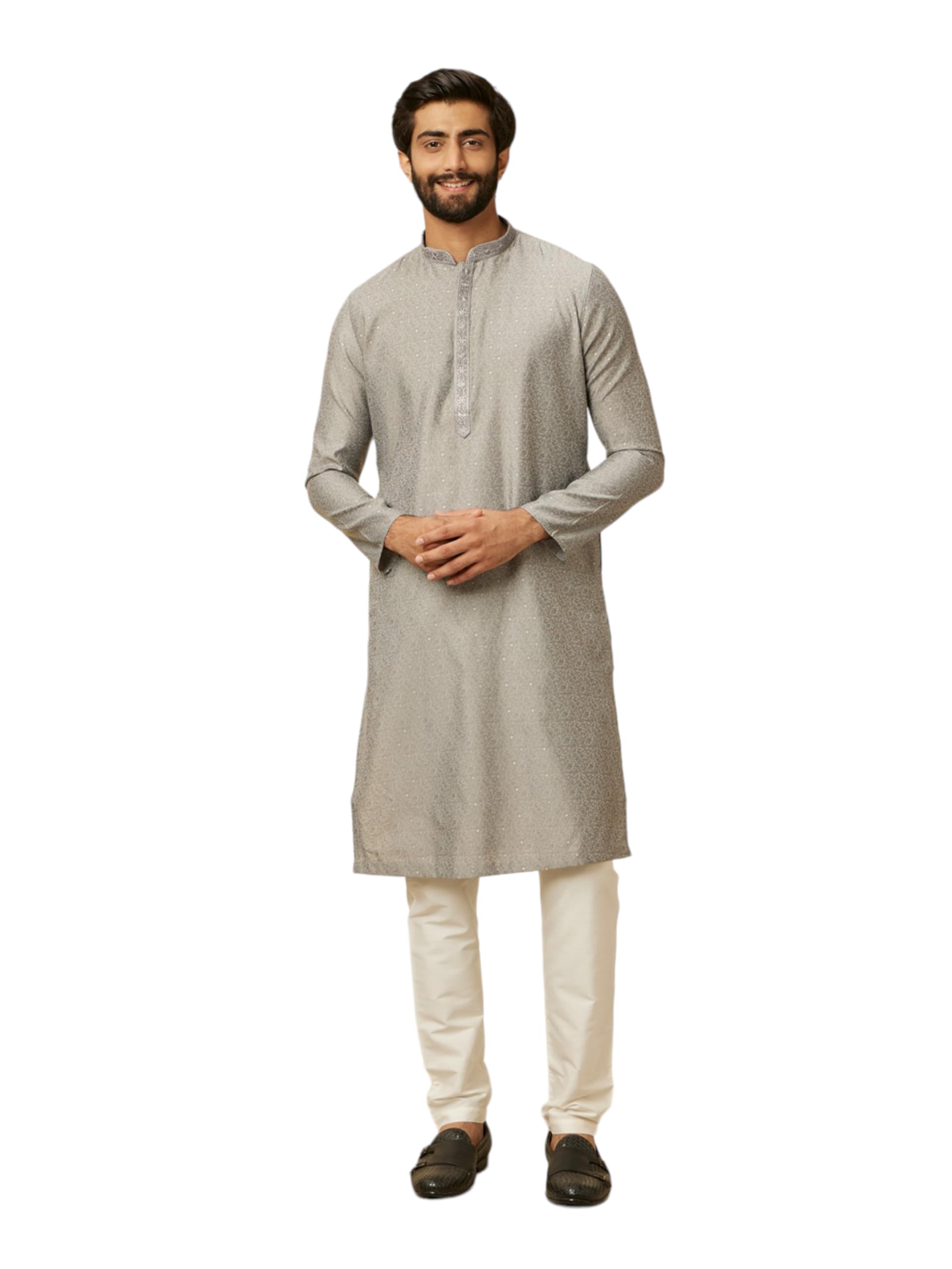 Manyavar Grey Blended Cotton Embroidery | Stone Work Kurta Pyjama Set