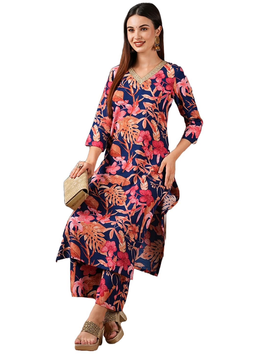 ANNI DESIGNER Womens Cotton Blend Straight Printed Kurta with Palazzo (Chinki Blue-NW_M_Blue_Medium)