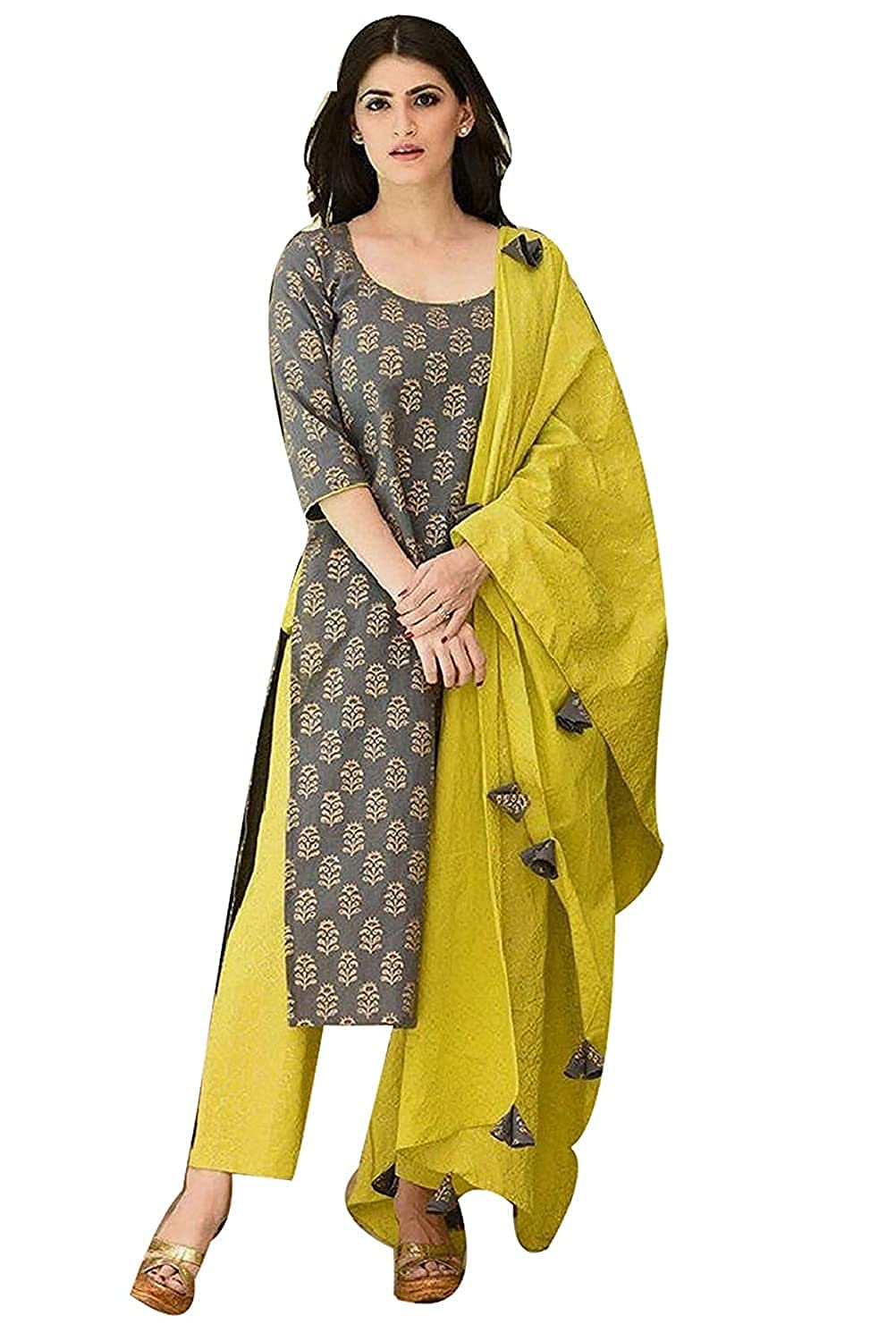 ANNI DESIGNER Womens Pure Cotton Straight Kurta with Palazzo & Dupatta (KPZD-COT-10002-GREY_L_Grey_Large)