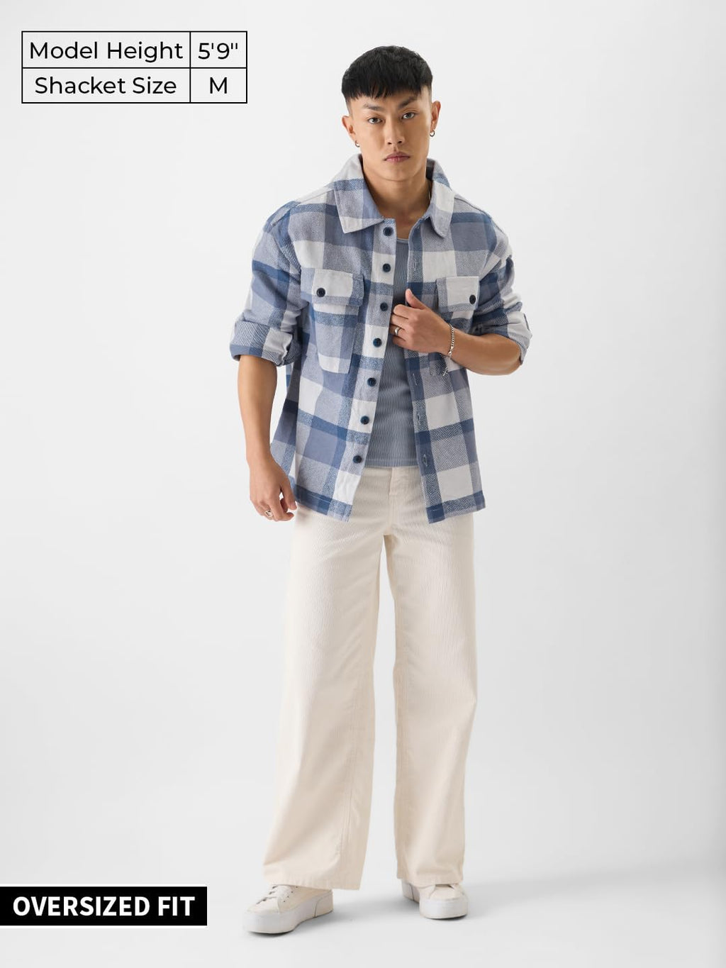 The Souled Store Plaids: Skyline Blue Men Flannel Shackets Shackets Casual Plaid Oversized Quilted Winter Flannel Sherpa-Lined S