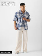 The Souled Store Plaids: Skyline Blue Men Flannel Shackets Shackets Casual Plaid Oversized Quilted Winter Flannel Sherpa-Lined S