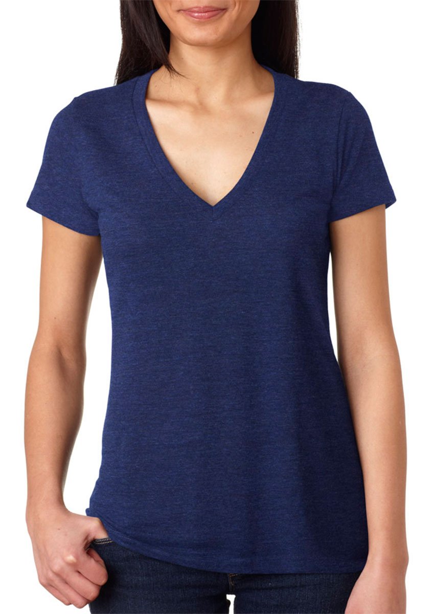 Ladies Triblend Short-Sleeve Deep V-Neck T-Shirt - BLUE TRIBLEND - S(D0102H7WBc6)