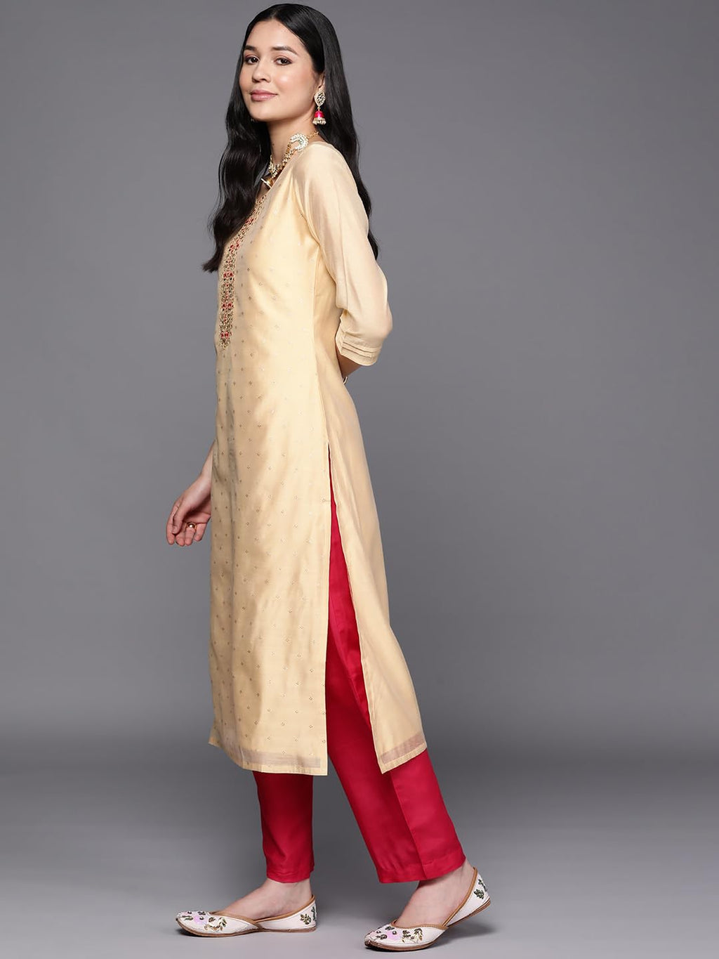 Libas Gold Printed Chanderi Silk Straight Kurta