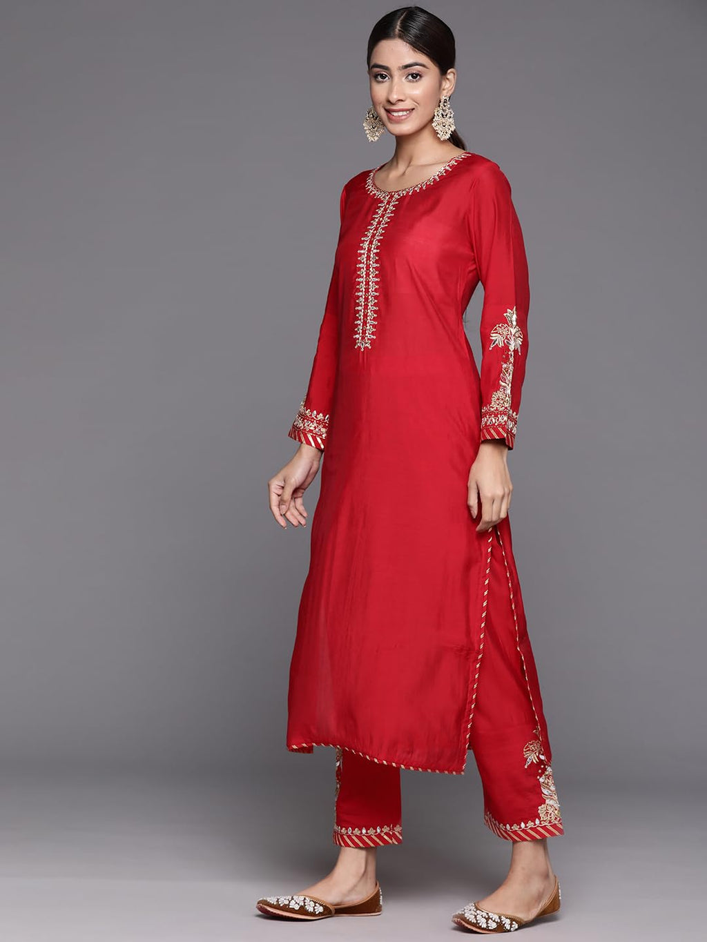 Varanga Women Red Yoke Embroidered Straight Kurta Paired With Tonal Bottom And Net Dupatta With Four Side Embroidered Taping
