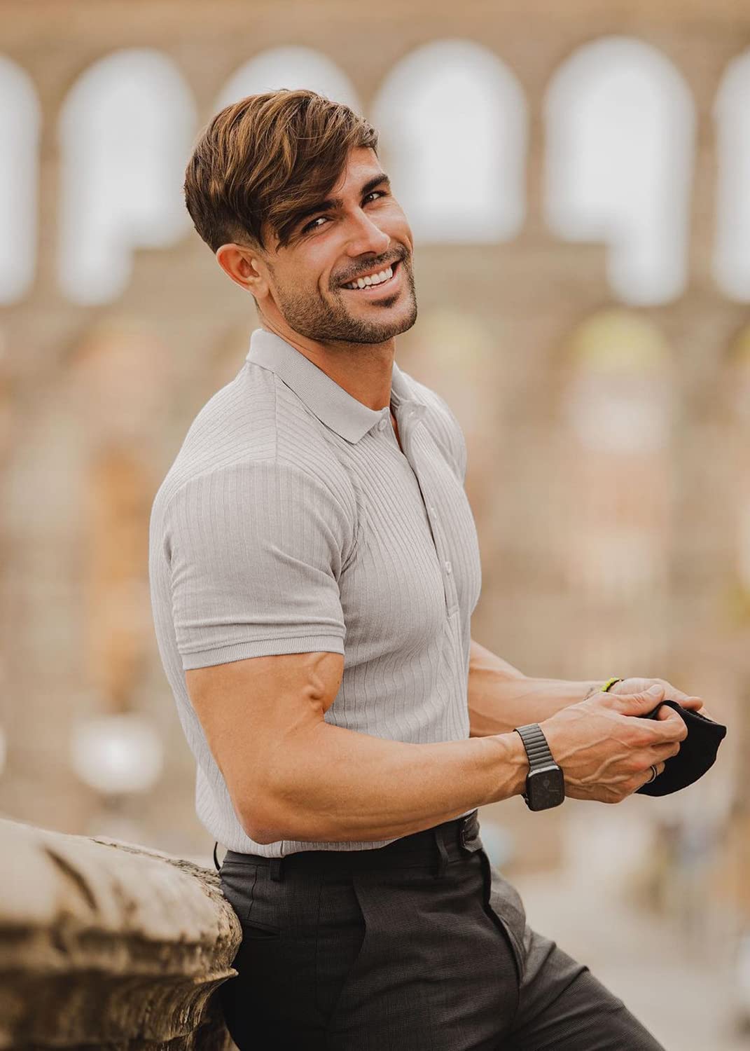 Muscle Polo Shirts for Men Slim Fit Short Sleeve Golf Shirts Men Dry Fit Shirts Casual Stylish Clothes Light Grey