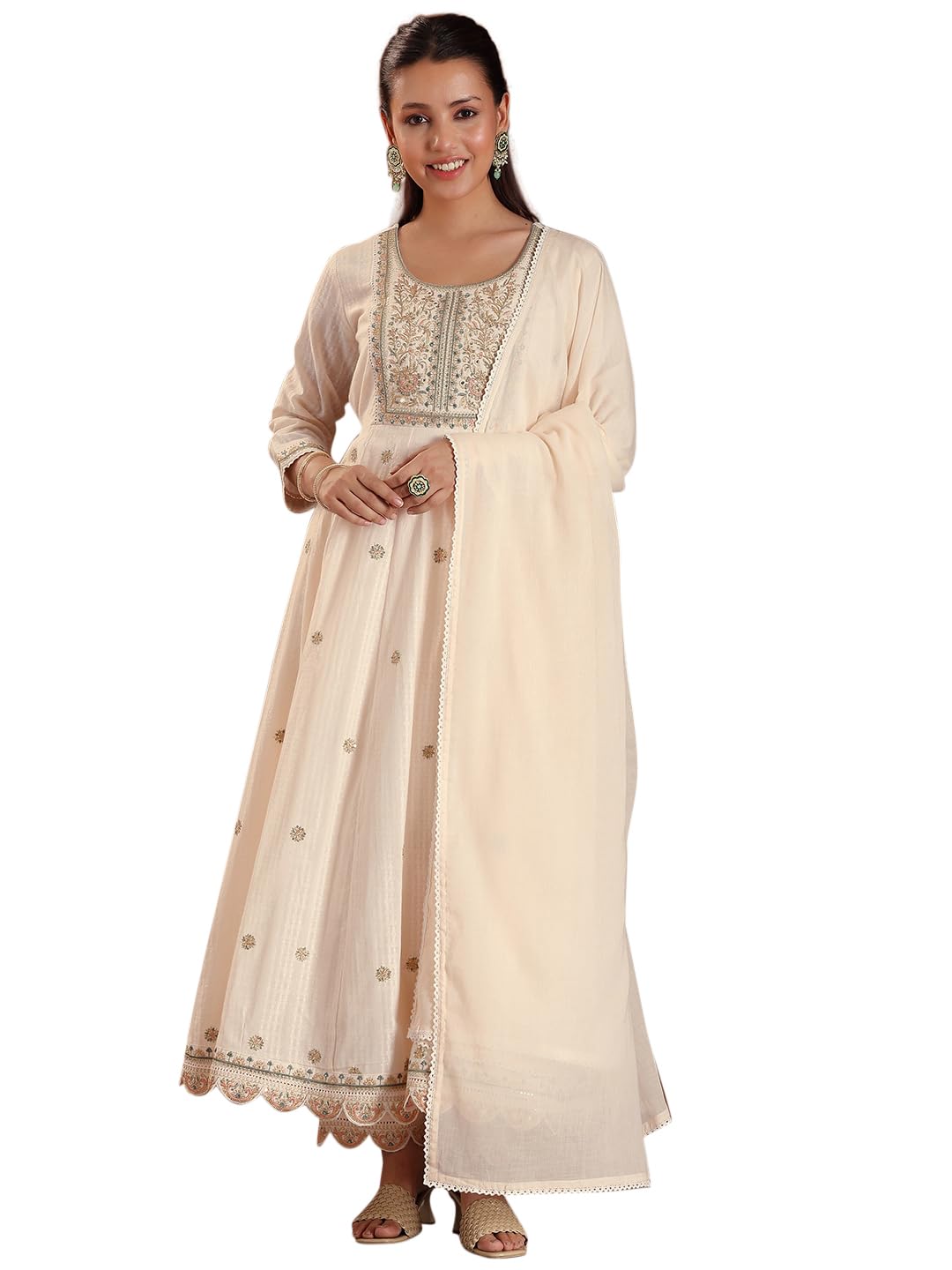 Libas Embroidered Pure Cotton A-Line Kurta With Trouser And Dupatta-27852L