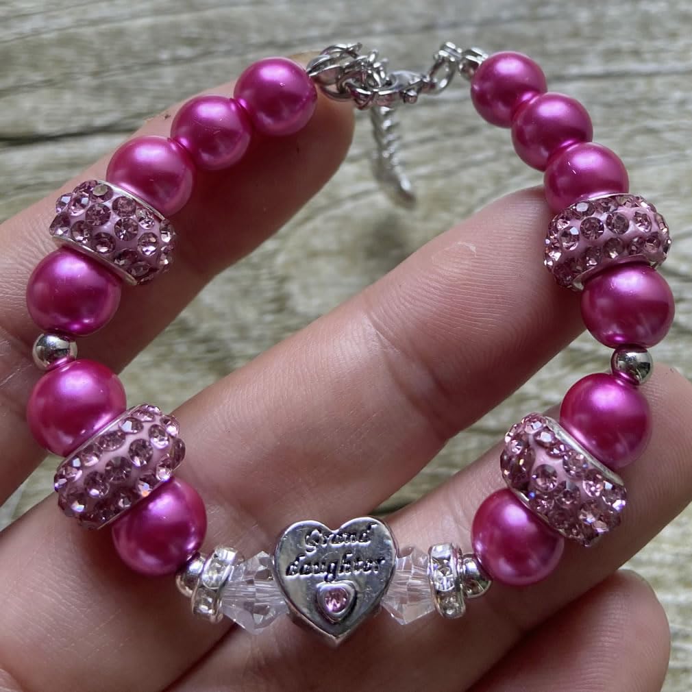 DOLON Dark Pink Glass Pearl Color Rhinestone Granddaugther Charm Bracelet Jewelry Wedding Bridal Birthday Christmas