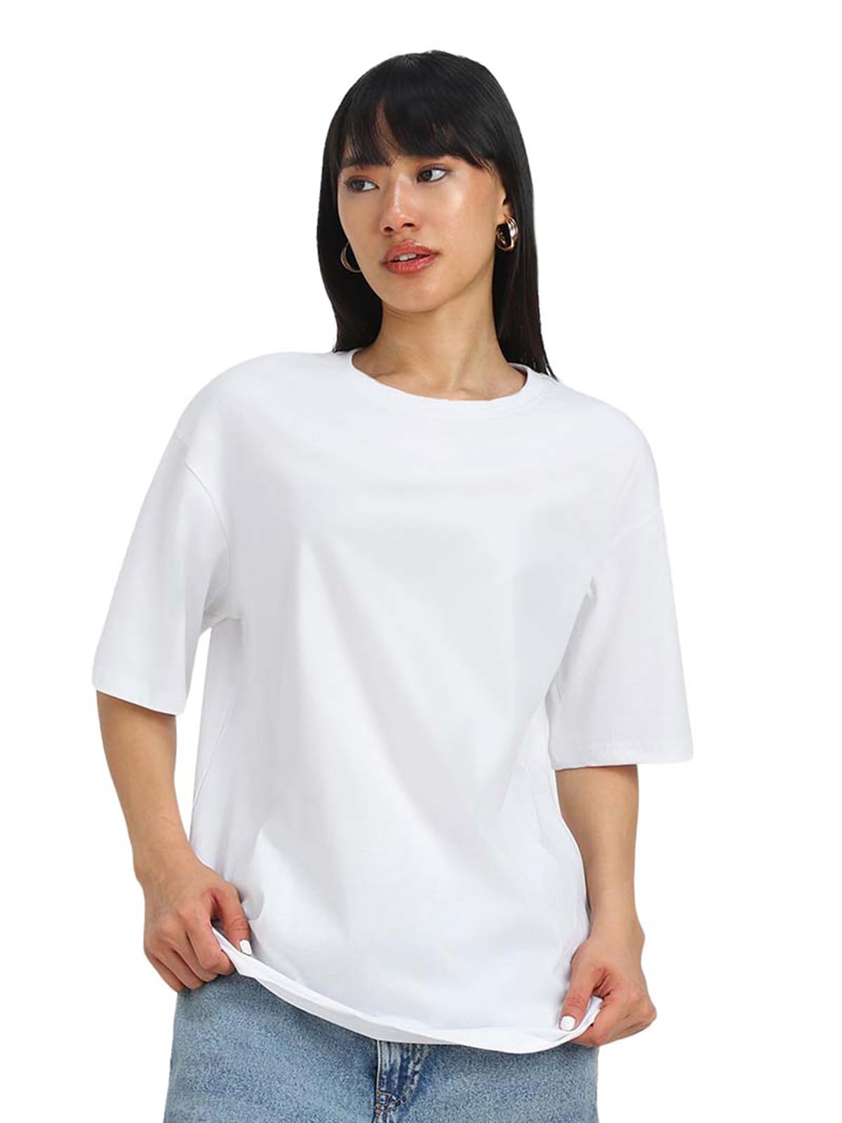 JUNEBERRY Pure Cotton Oversized Baggy Fit Drop Shoulder Plain Solid White T-Shirt for Women (OS_J_White_M)