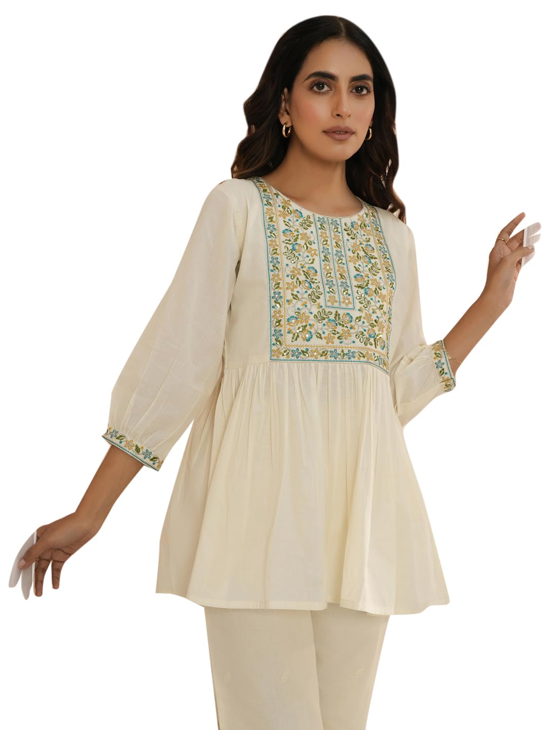 Libas WomenS Pure Cotton Yoke Design A-Line Kurtis (26715_Off White