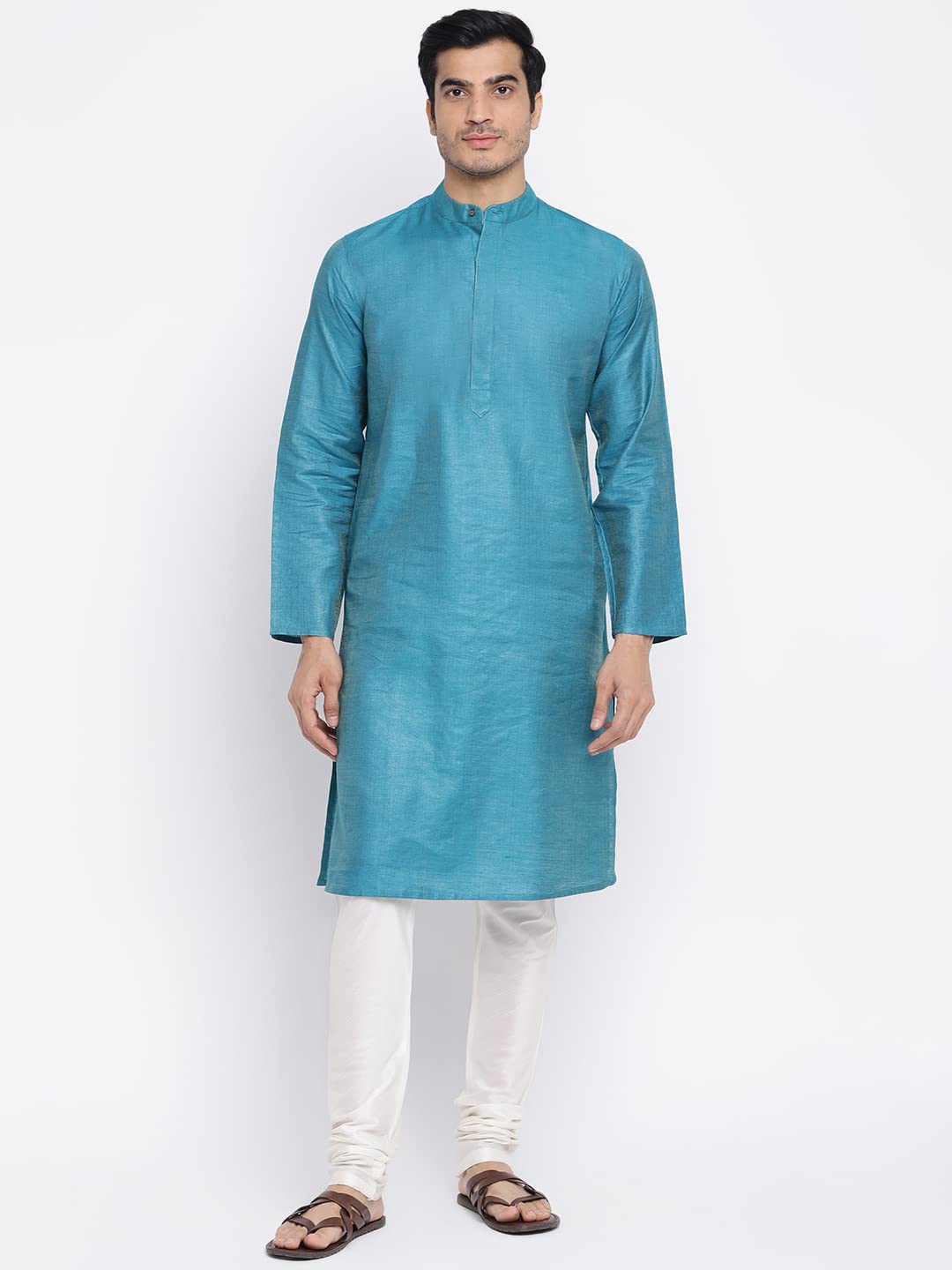 Fabindia Men Silk Blend Slim Fit Long Kurta Teal_S