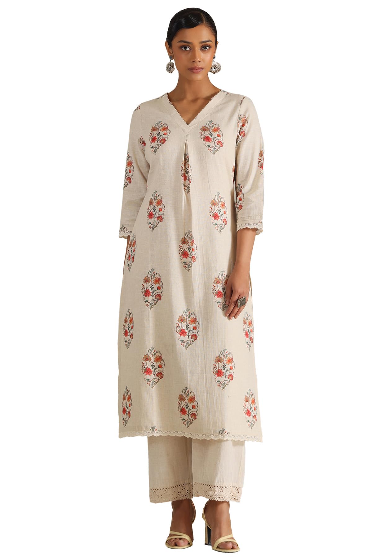 Soch Women Linen Botanical Print Kurta with Beads