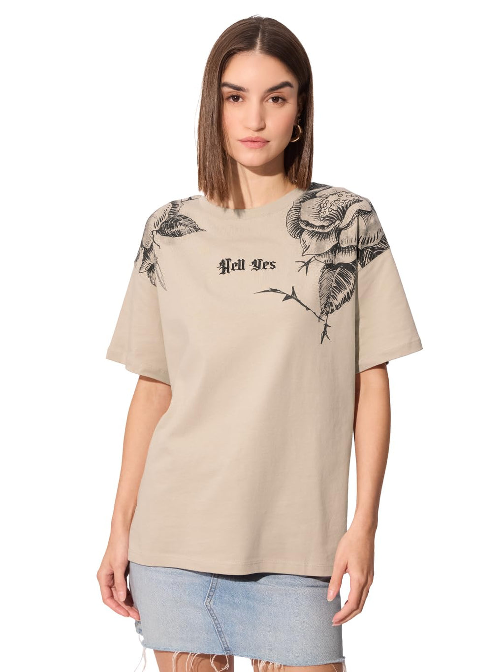 The Souled Store Hell Yes Women and Girls Short Sleeve Round Cotton Oversized T-Shirts Beige