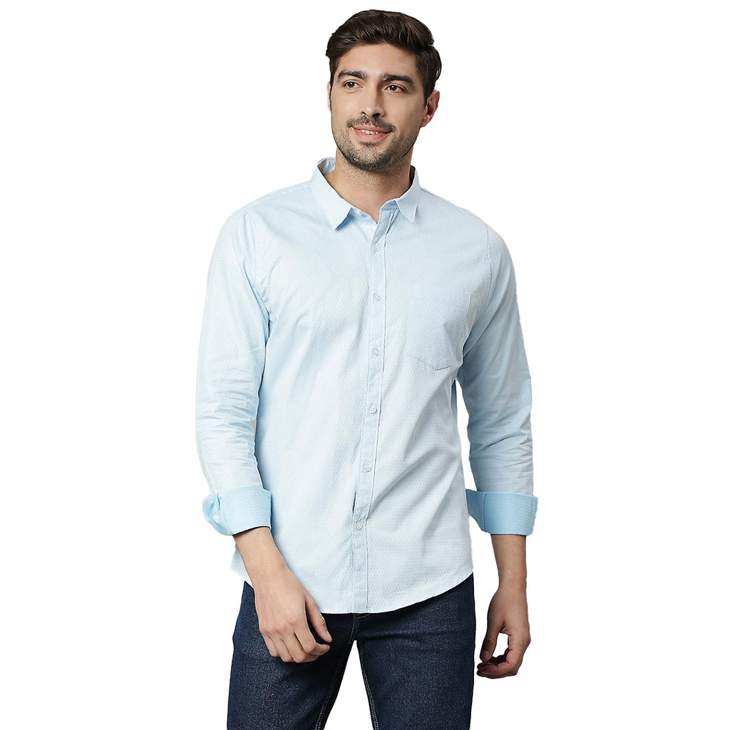 Thomas Scott Mens Checkered Slim Fit 100% Cotton Casual Shirt with Spread Collar and Long Sleeve Light Blue