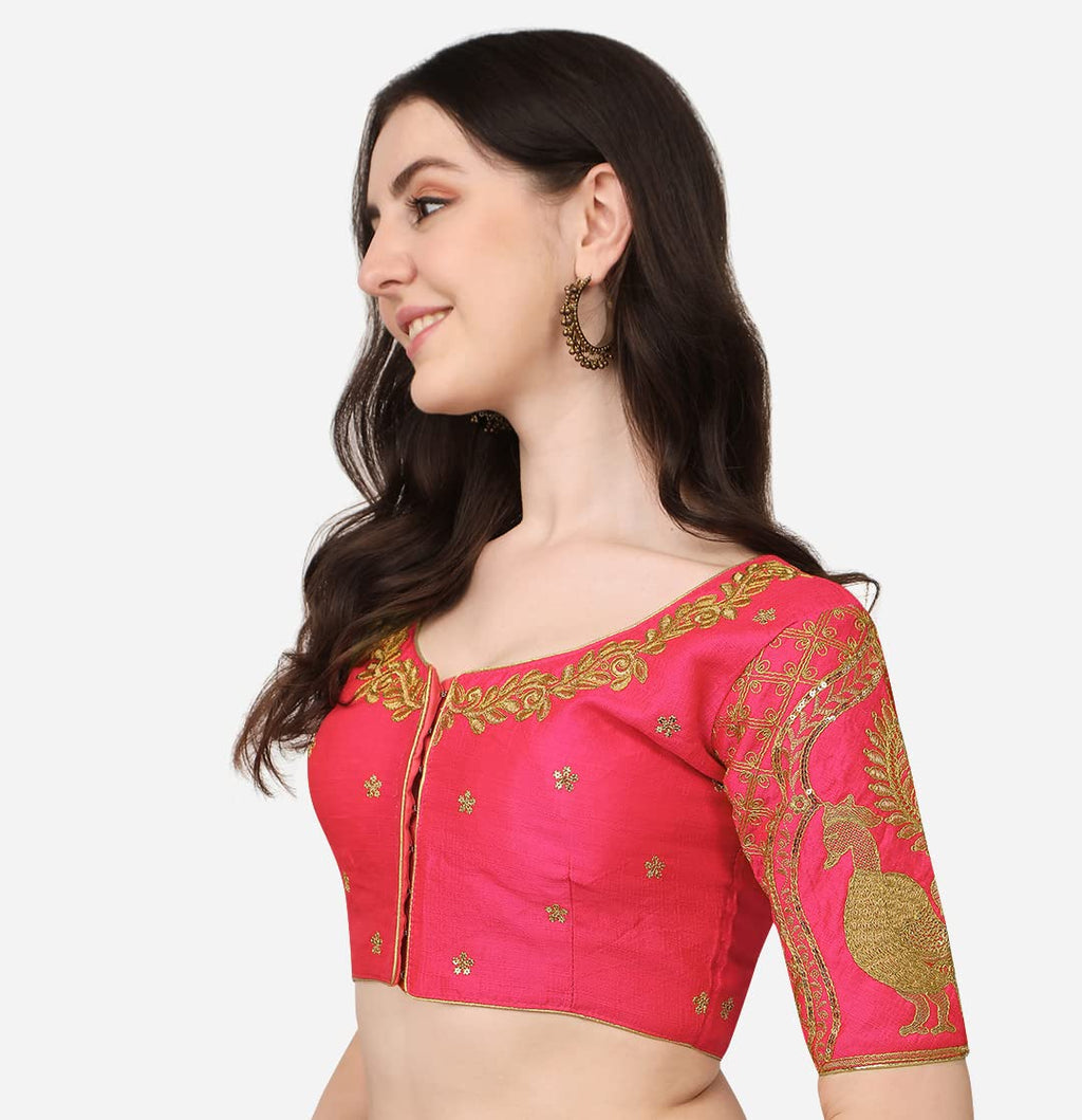 Pujia Mills Womens Embroidery Handwork & Sequin Work Peacock Design Half Sleeve Readymade Blouse