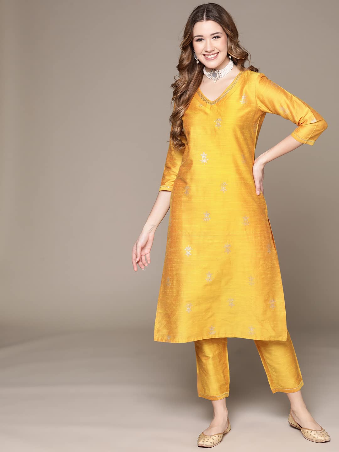 anubhutee Womens Cotton Yellow Ethnic Motifs Printed Straight Kurta Suit Set With Pants