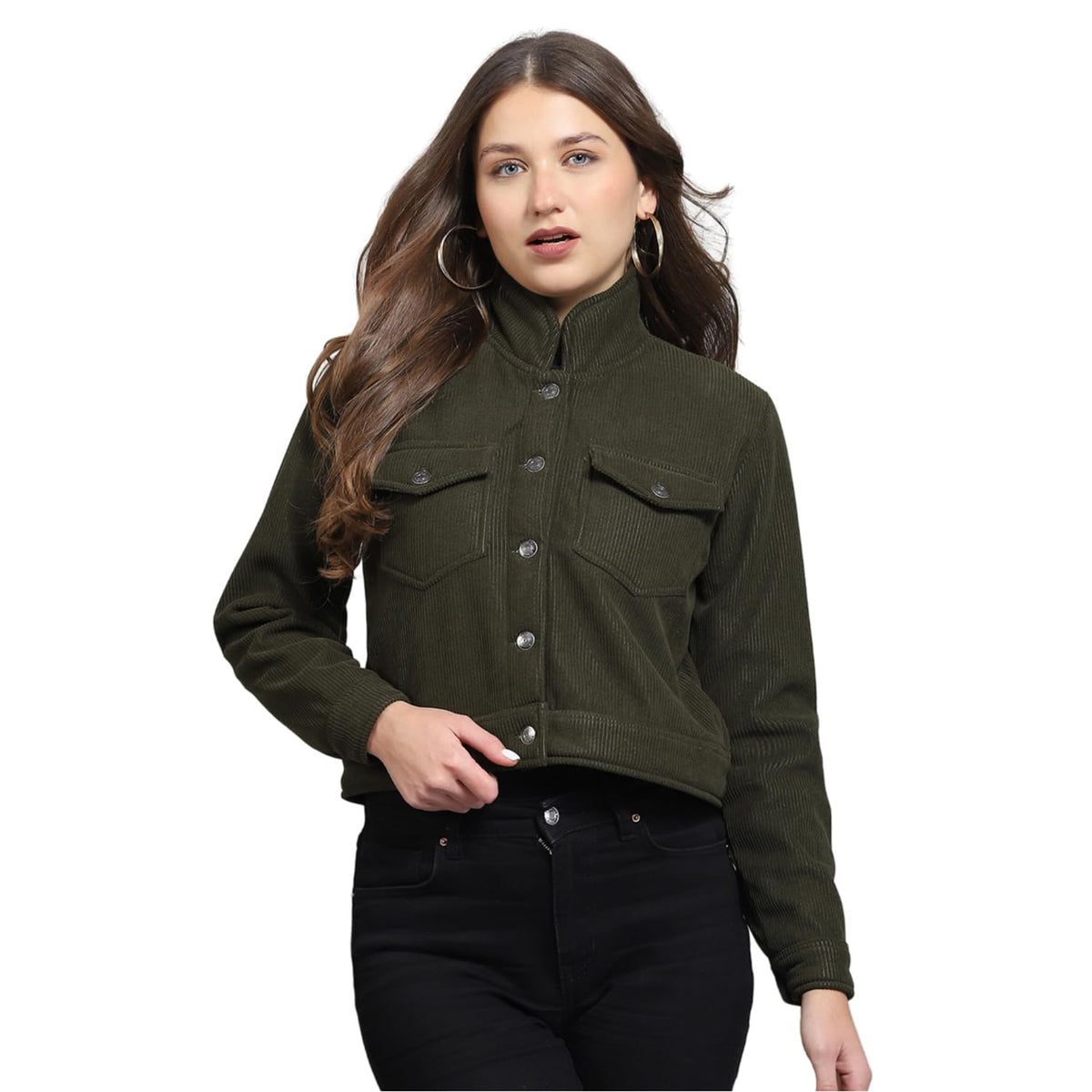 ROCK.IT Womens Solid Olive Collar Neck Full Sleeve Jacket_2240102637 2