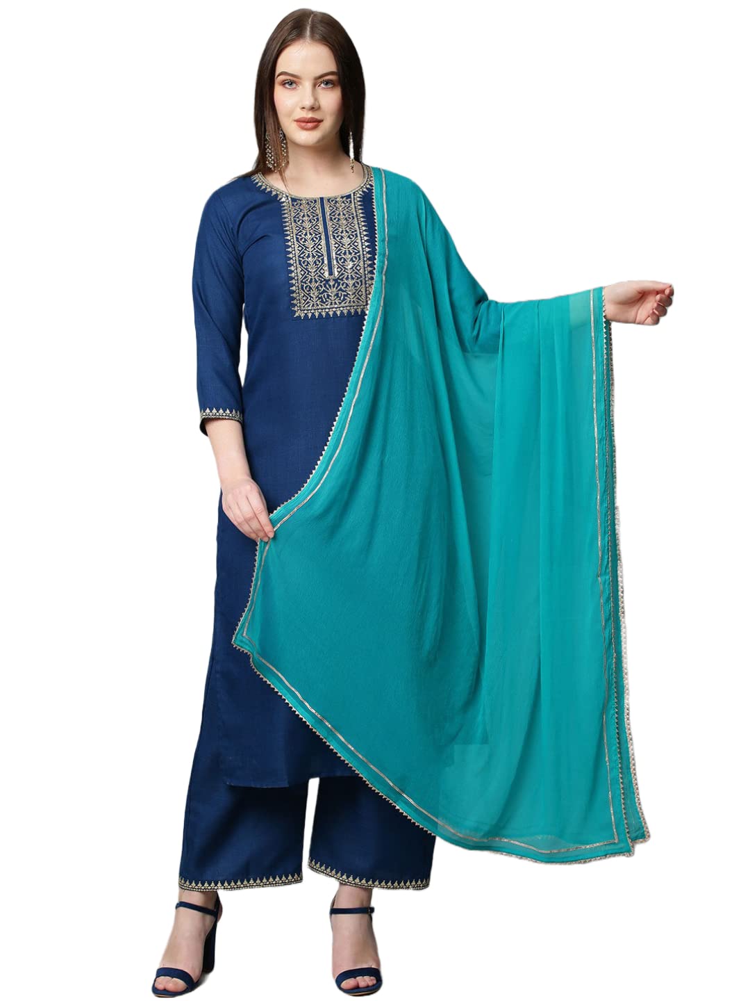ANNI DESIGNER Womens Cotton Blend Solid Straight Kurta with Palazzos & With Dupatta (Dakum Kerosin_XXL_Dark Blue_XX-Large)