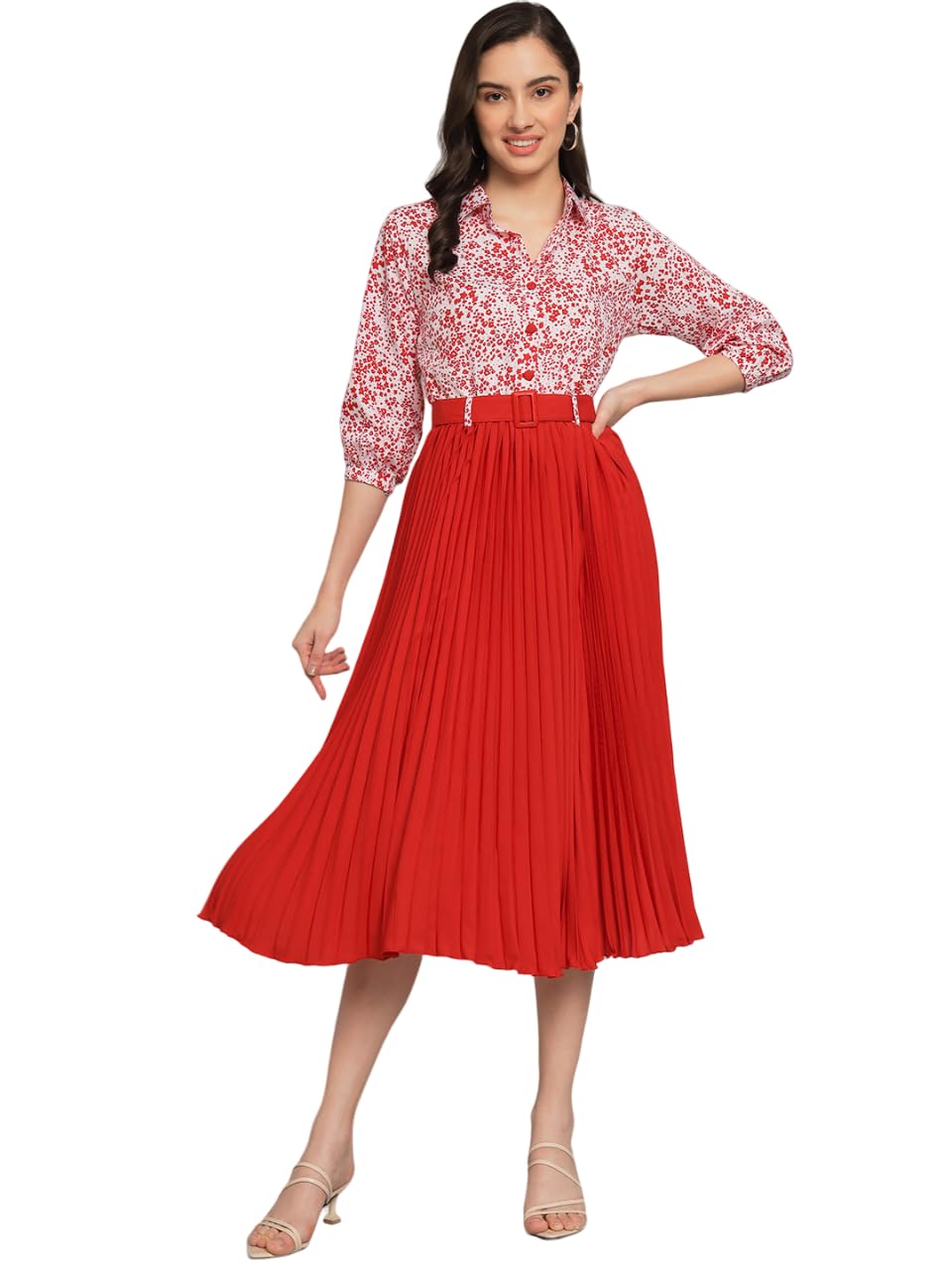 Kzully WomenS Print 3/4 Sleeve Pleated Midi Dress With Belt Red